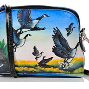 CROSSBODY MINI BAG, LEATHER, HAND-PAINTED GEESE, TOP ZIP CLOSURE, REMOVABLE/ADJU